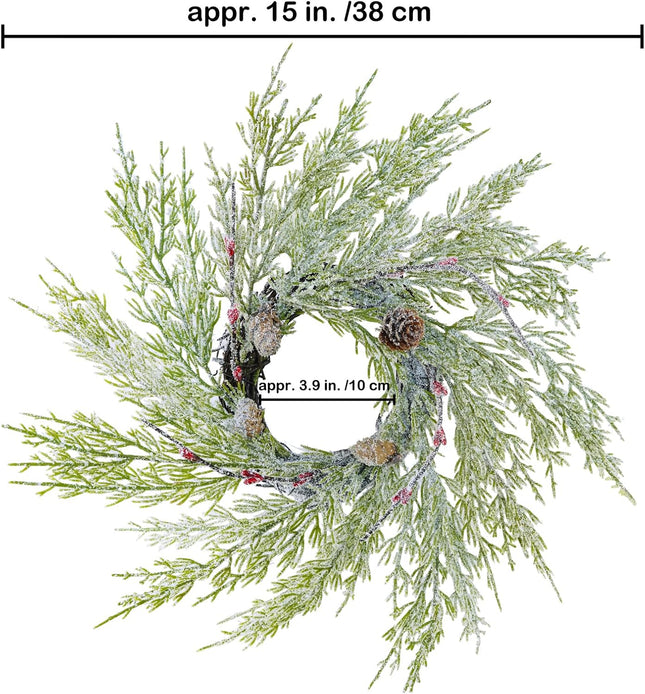 Winlyn 4 Pcs Artificial Snowy Cedar Pine Candle Rings Evergreen Pine with Red Pip Berries and Pinecones Wreaths Farmhouse Christmas Candle Holder Rings 15" Wide for Winter Holiday Mantel Door Cabinet