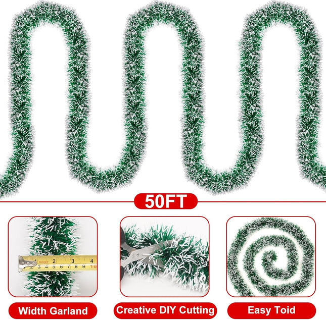 50FT Christmas Decorations Tinsel Garland Green Tinsel Garland Christmas Tinsel Garlands Tinsel Twist Garland for Indoor for Xmas Tree Holiday Disco Party Christmas Decor