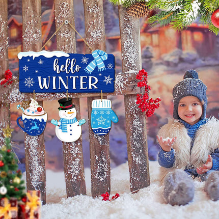 Christmas Hello Winter Door Sign, Winter Snowman Wooden Hanging Sign, Welcome Xmas Wall Decor Blue Gloves Scarf Snowflakes Rustic Winter Wreath for Holiday Indoor Outdoor Home Decor