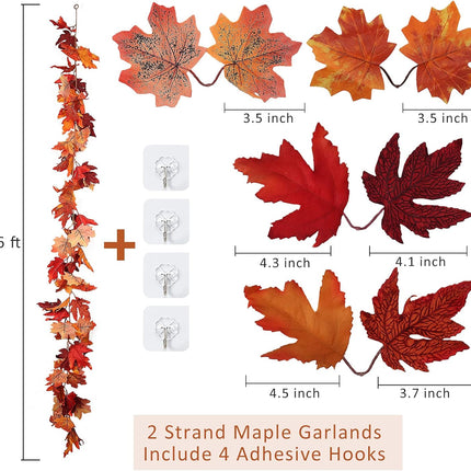 RECUTMS 2PCS Hanging Maple Leaf Garland Artificial Fall Leaf Garland Fake Autumn Leaves for Indoor Outdoor Home Halloween Thanksgiving Wall Fireplace Decor (Red)