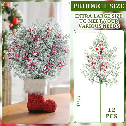 Yinder 12 Pcs Christmas Berries Red Stems 17 Inch Snowy Artificial Frosted Holly Red Berries Cedar Picks Stems Pine Picks Greenery Twig for Garland Wreath DIY Crafts Xmas Winter Holiday Decor
