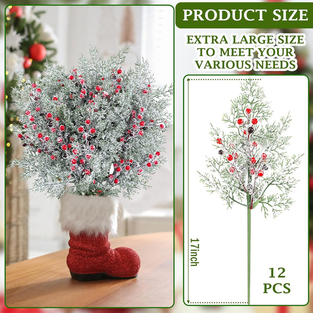 Yinder 12 Pcs Christmas Berries Red Stems 17 Inch Snowy Artificial Frosted Holly Red Berries Cedar Picks Stems Pine Picks Greenery Twig for Garland Wreath DIY Crafts Xmas Winter Holiday Decor