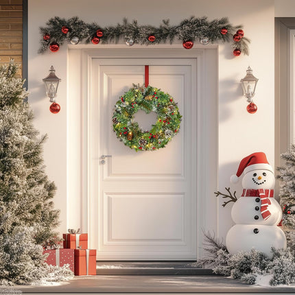 18Inch Christmas Wreath, Artificial Prelit Christmas Wreath with Lights for Door, Battery Operated Lighted Indoor Christmas Wreath