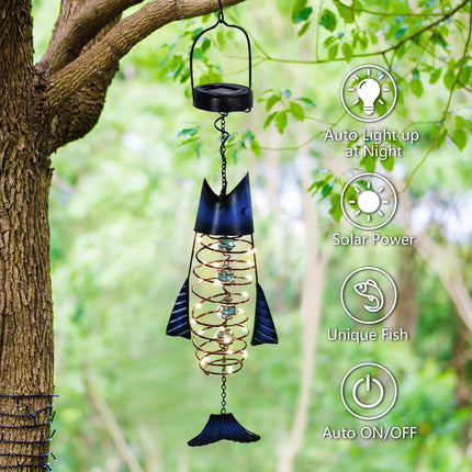 Outdoor Lights for Patio Garden Decor - Metal Solar Fish Hanging Decoration - Solar Lamp Decorative Yard Art - Pretty Nice Lantern for Man Woman Holiday Ideas Waterproof Warm LED Lighting