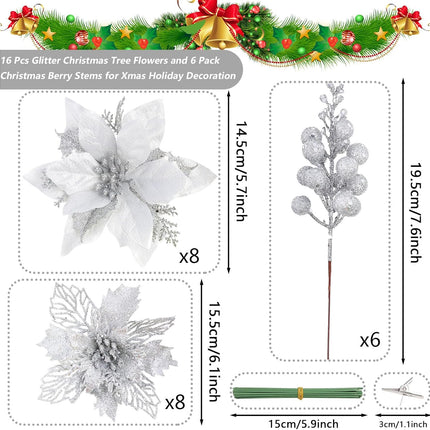 Homcomoda Christmas Poinsettia Artificial Flowers with Glitter Berries Stems 22PCS Christmas Flowers with Clips and Stems Christmas Tree Ornament for Xmas Holiday Year Wedding Decor