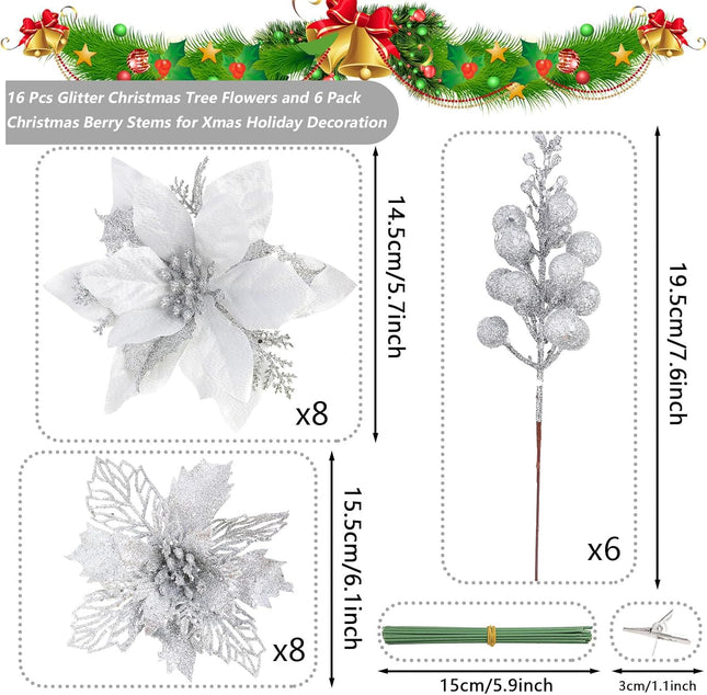 Homcomoda Christmas Poinsettia Artificial Flowers with Glitter Berries Stems 22PCS Christmas Flowers with Clips and Stems Christmas Tree Ornament for Xmas Holiday Year Wedding Decor