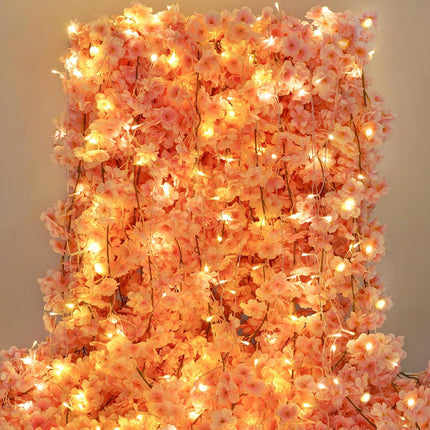 Sunm Boutique 12-Pack 70.8 Ft Artificial Cherry Blossom Garland Cherry Blossom Hanging Vine with 65.6 Ft Long 160 LED String Lights Silk Sakura Vines Garland for Wedding Party Home Decor, Pink