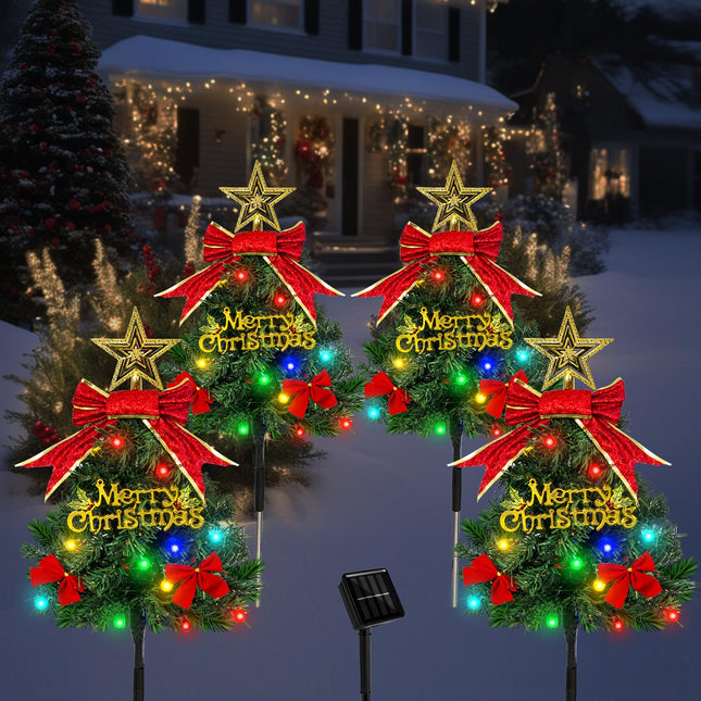 4 Pack Solar Christmas Tree Pathway Lights Outdoor Decorations Waterproof Artificial White Mini Xmas Tree Stake Lights with DIY Ornamets for Garden Yard Decor (Green)