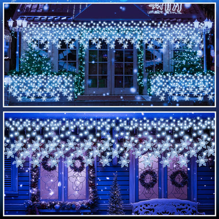 Retisee 600 LED 49.21ft Christmas Snowflake Solar Icicle Lights Outdoor Decoration Waterproof Cold White Light Fairy String LED Light with 96 Drops 8 Lighting Modes with Timer Memory Winter Holiday