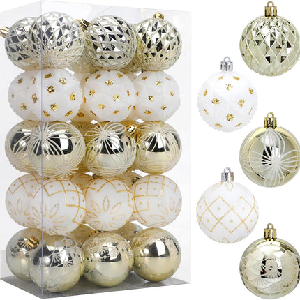 SUPREME XMAS Christmas Ornaments Set, 30pcs 2.36'' White and Gold Christmas Balls Ornaments for Christmas Tree Decorations Shatterproof Hanging Baubles for Thanksgiving Xmas Holiday Party Home Decor