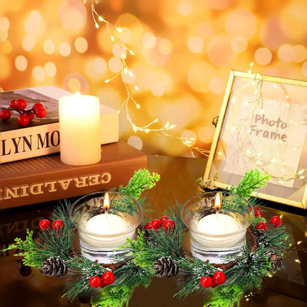 6 Pieces Christmas Candle Ring Artificial Red Berry Candle Ring with Pine Cones Christmas Candle Garland Candle Holder Ring Mini Candle Wreath Rings for Christmas Home Dining Table Centerpieces Decor
