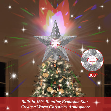 Christmas Tree Topper Lighted Star, Christmas Tree Decorations Topper LED Projection Light, 3D Glitter Dynamic Projection for Xmas Party Holiday Decorations (Silver)