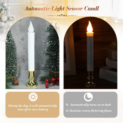 Yungyan 20 Pieces Christmas Window Candle Lights with Sensor Dusk to Dawn Battery Operated LED Candles Bulk Flameless Candles Flicker Flame for Xmas Holiday Party Decorations (Gold Base)