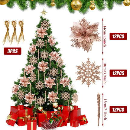 37 Pieces Christmas Rose Gold Tree Ornaments Set, Christmas Decorative Bow Topper 12 Glitter Flowers Decorations 12 Plastic Xmas Snowflake Icicle Ornaments Set for Holiday Party Decoration