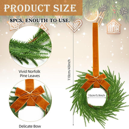 Dingion 8 Pcs Christmas Norfolk Pine Wreath Decoration Mini Christmas Kitchen Cabinet Wreaths with Brown Bow Ribbon Small Farmhouse Wreath Artificial Hanging Garlands for Xmas Porch Wall Window Decor