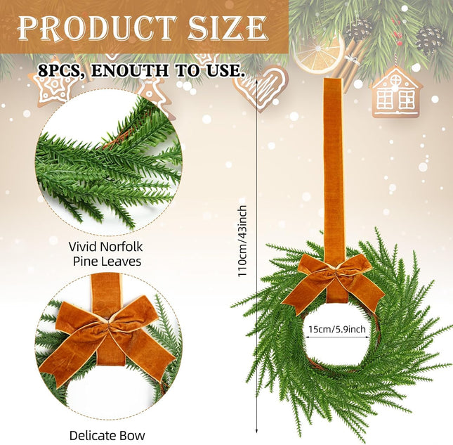 Dingion 8 Pcs Christmas Norfolk Pine Wreath Decoration Mini Christmas Kitchen Cabinet Wreaths with Brown Bow Ribbon Small Farmhouse Wreath Artificial Hanging Garlands for Xmas Porch Wall Window Decor