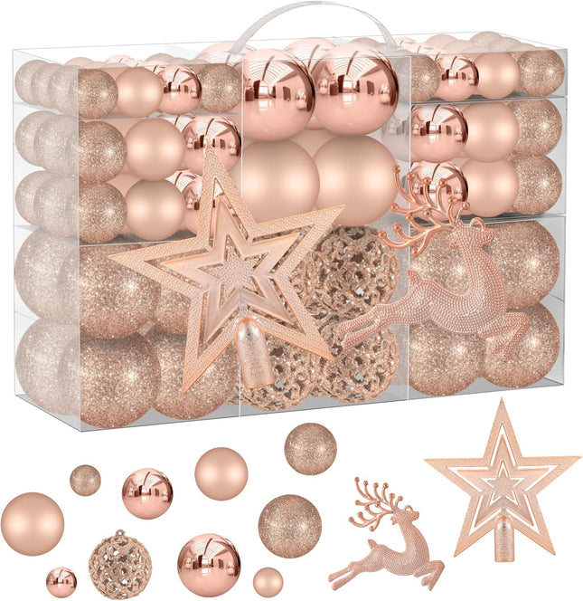 102PCS Assorted Rose Gold Christmas Ornaments, Christmas Balls Ornaments,Xmas Tree Ornaments,Plastic Shatterproof Christmas Ornaments,Christmas Tree Decorations Set