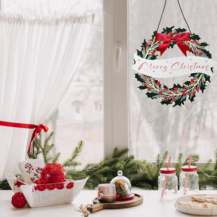 Christmas Wreath for Front Door, Wooden Christmas Door Wreath with Red Ribbon, Merry Christmas Wreath with Foldable Design and Magnets, Hanging Wreath for Holiday Rustic Farmhouse Wall Decor
