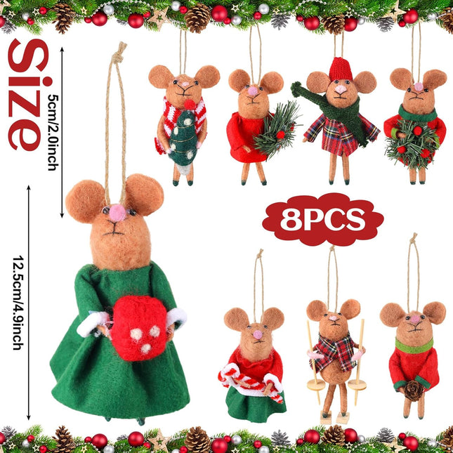 Mumufy 8 Pcs Christmas Felt Mice Ornaments Xmas Vintage Wool Felt Mouse Hanging Decor Green Red Felt Animal Crafts Handcraft Cute Christmas Tree Wreath Decorations for Home Party Supplies