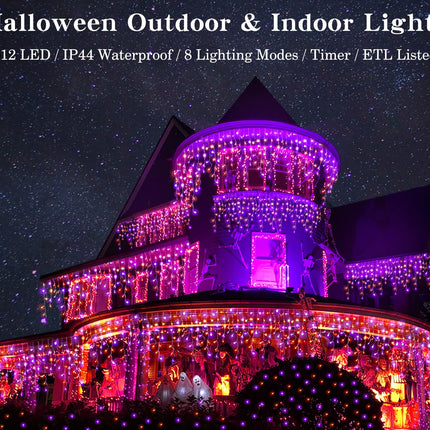 Halloween Icicle Lights Outdoor, 512 LED 46.5 FT 8 Lighting Modes with Timer & Memory, Curtain Fairy String Lights With 96 Drops for Halloween Decorations Holiday Party Eaves Yard (Purple & Orange)