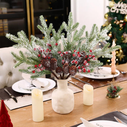 Topotdor 4 Pack Christmas Floral Pine Picks Artificial Red Berry Stems 16.5" Snowy Christmas Pine Branches w/Pinecones for Xmas Tree Floral Arrangement DIY Craft Holiday Table Centerpieces