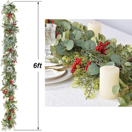 6ft Christmas Pine Garland Decoration, Artificail Red Berry Garland Christmas Cypress Garland Eucalyptus Leaves for Winter Holiday Fireplace Mantel Table Home Decor