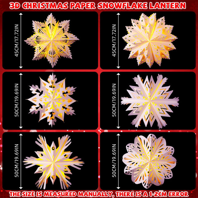 6 Set 19.69 in 3D Christmas Paper Snowflake Lantern with 8 Mode LED String Light with Remote Out Hollow Paper Snowflake Lantern Xmas Hanging Pendant Lampshade Frozen Party Hanging Decor