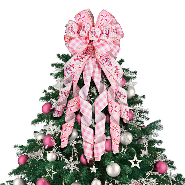 Pink Christmas Tree Topper Bow - 45'' x 13'' Large Pink Plaid Edge Ribbon Bow for Tree & Wreath - Rustic Christmas Tree Decor, Pink Buffalo Plaid Bow Wreath for Christmas Decorations