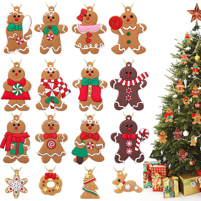AMOR PRESENT Gingerbread Man Ornaments, 16 PCS Gingerbread Christmas Decorations Gingerbread Figurine Ornaments for Christmas Tree Hanging Decorations for Kids Adults