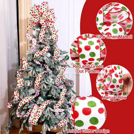 Redbaker 9 ft Christmas Tree Topper Bow Wreath Christmas Elf Topper Bows Lime Green Red White Tree Topper Bows Glitter Christmas Whimsical Wreath for Tree Indoor Outdoor Christmas Decoration(White)