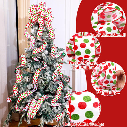 Redbaker 9 ft Length Christmas Elf Bows Lime Green Red White Tree Topper Bows Glitter Christmas Whimsical Tree Ornament for Holiday Family Party Indoor Outdoor Decor(White)