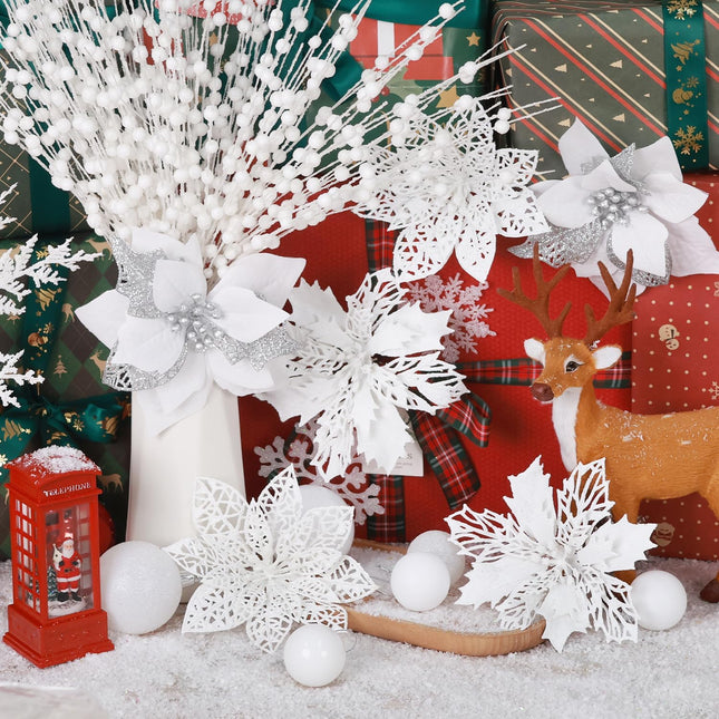 ‎LHMTQVK 92PCS Christmas Decorations, Christmas Tree Ornaments, Christmas Balls, Snowflake Decor, Hanging Clear Acrylic Crystal, Artificial Christmas Flowers, Glitter Berry Stems (White)