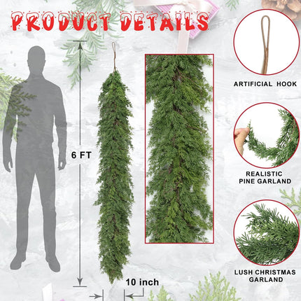 6 Ft Real Touch Christmas Garland,Thick and Lush，Soft Bendable, Lifelike Cedar Garland Realistic, Garlands for Decoration Christmas，Christmas Garland for Mantle,Thanksgiving Christmas Decorations