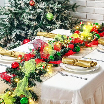 Riceshoot 6 ft Red and Green Christmas Garland with Lights for Mantle Bright Green Whimsical Xmas Garland with Red Green Balls for Front Door Fireplace Porch Table Centerpiece Outdoor Party Decor