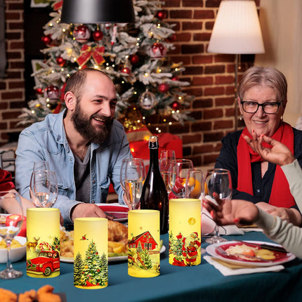 4 Pieces Christmas Flameless Candles Snowman Santa LED Pillar Candles Red Truck Reindeer Christmas Decal Battery Operated Candles White Warm Light for Xmas Tree Winter Holiday Party Decoration