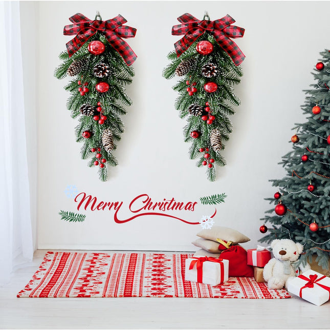 Christmas Teardrop Swags, 23.6 inch Cedar Swag with Bowknot, Red Berries and Pinecone, Winter Pine Needles Swag Greenery for Wall Xmas Table Door Deco