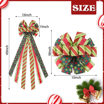 Christmas Tree Topper 45" 13" Red Green Dot Bow Handmade Large Christmas Bow Tree Topper, 44"x13" Wreath Bow for Xmas Holiday Home Wedding Indoor/Outdoor Decoration