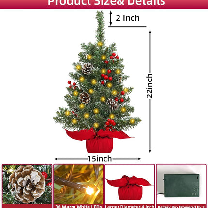 TURNMEON 2 Pack 24 Inch Lighted Small Christmas Trees, Artificial Tabletop Mini Xmas Tree with Timer 30 LED Lights 8 Pine Cones 8 Red Berried and Lifelike Branches for Christmas Holiday Indoor Decor