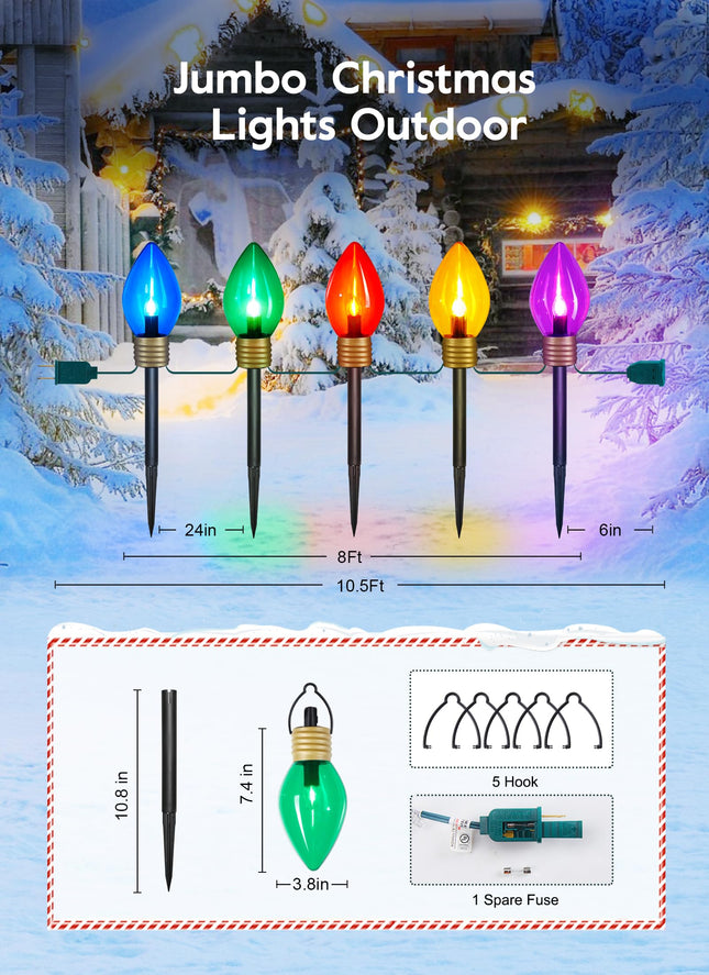 Minetom Jumbo Christmas Pathway Lights Outdoor with Marker Stakes, 10.5 Ft 5 LED C9 Shaped Christmas Lights Multicolored Giant Bulb String Lights, for Holiday Walkway Driveway Garden Yard Decoration