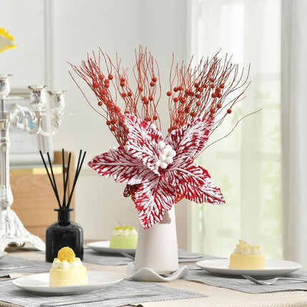Large Christmas Poinsettias 6 Pcs Snow Decorated Christmas Tree Flowers Artificial Flower Picks Ornaments for Christmas Tree Wreath Decoration (Red/White)