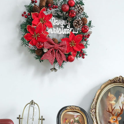 Serra Flora 52 Piece of Christmas Ornament DIY Wreath Craft Kit Includes Wire Wreath Frame, Green Tinsel Garland Pinecones, Christmas Balls Little Bell,Poinsettia,Red Berry for Christmas Decorations