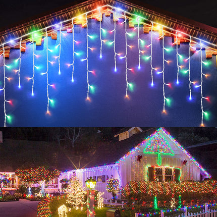 DDMY Christmas Lights Outdoor Decorations 416 LEDs 34 FT 8 Modes Curtain String Light with 78 Drops, Waterproof Clear Wire LED Light for Christmas Party Decor, House, Garden, Yard Decoration