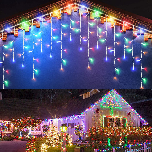 DDMY Christmas Lights Outdoor Decorations 416 LEDs 34 FT 8 Modes Curtain String Light with 78 Drops, Waterproof Clear Wire LED Light for Christmas Party Decor, House, Garden, Yard Decoration