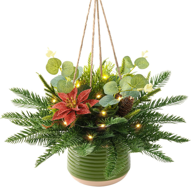 Artificial Christmas Hanging Baskets, Hanging Christmas Tree Basket Decorated with Pine Cones Red Flowers, Christmas Hanging Decoration for Front Porch Garden Patio Outdoor Xmas Decor
