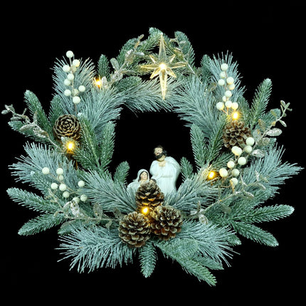 YULETIME 20" Pre-Lit Nativity Wreath, Battery Operated with 10 Fairy Lights, Holy Family Nativity Statue, Star of Bethlehem, Pine Cones, White Mistletoe, Frosted Spruce Branches (Nativity Frosted)