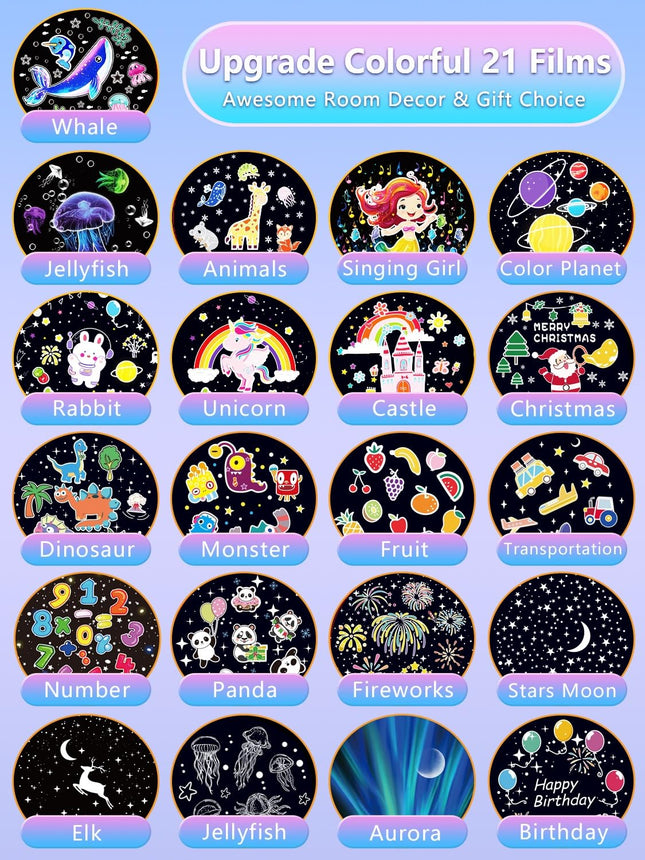 Night Light for Kids + 21 Sets of Films, Night Lights Projector for Kids Bedroom, Ceiling, Galaxy Projector for Baby Girls Boys with 360° Rotation, Dimmable for Birthday, Christmas, s, Room Decor