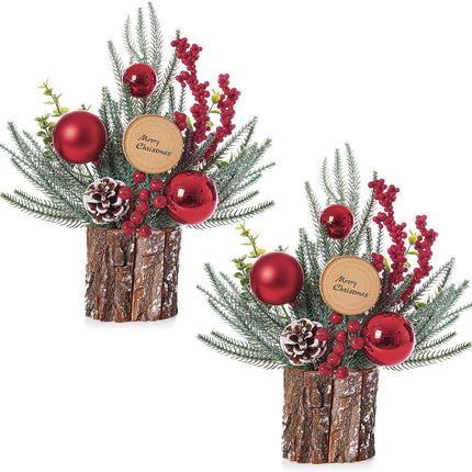 2 Pack Small Christmas Trees, 13.8'' Tall Tabletop Mini Christmas Tree Decorations with Ornaments Pine Cone Berry for Christmas Home Room Indoor Decor