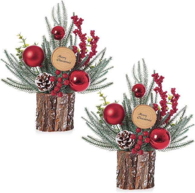 2 Pack Small Christmas Trees, 13.8'' Tall Tabletop Mini Christmas Tree Decorations with Ornaments Pine Cone Berry for Christmas Home Room Indoor Decor