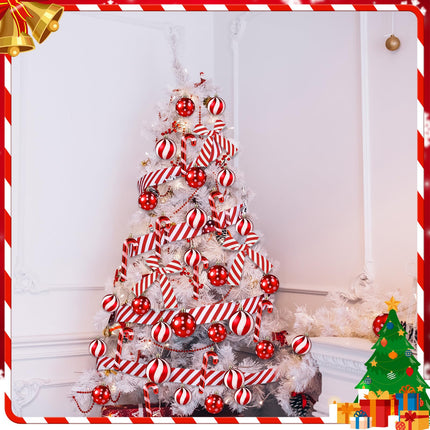 Shappy Red White Christmas Tree Ornaments Sets Red and White Christmas Tree Skirt Decorations Dots Stripes Ball Striped Fabric Plastic Canes for Xmas Holiday Party Supplies(39.4'')