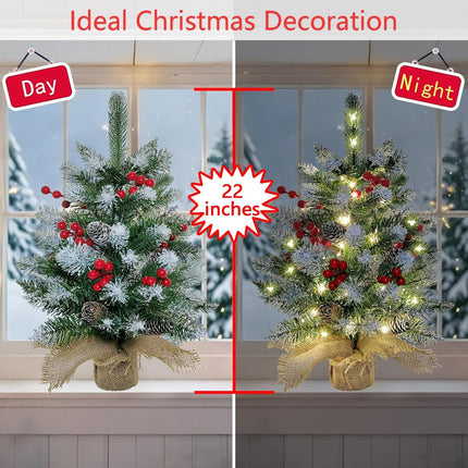 Small Christmas Tree, 22 Inches Artificial Tabletop Christmas Tree with 50 Lights,Snow Flocked Mini Xmas Tree with Pinecones Berries Wood Base for Christmas Decorations Indoor Home Decor